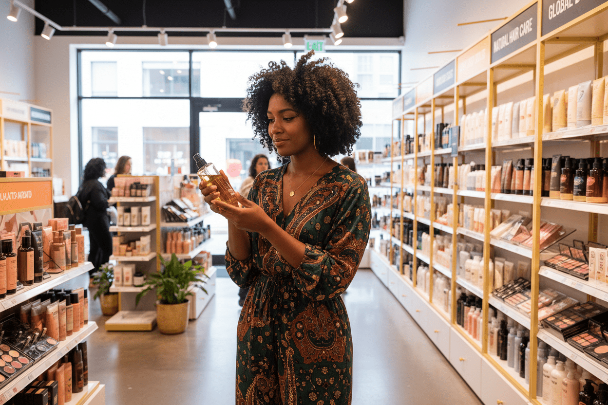 Woman shopping in  a black beauty store