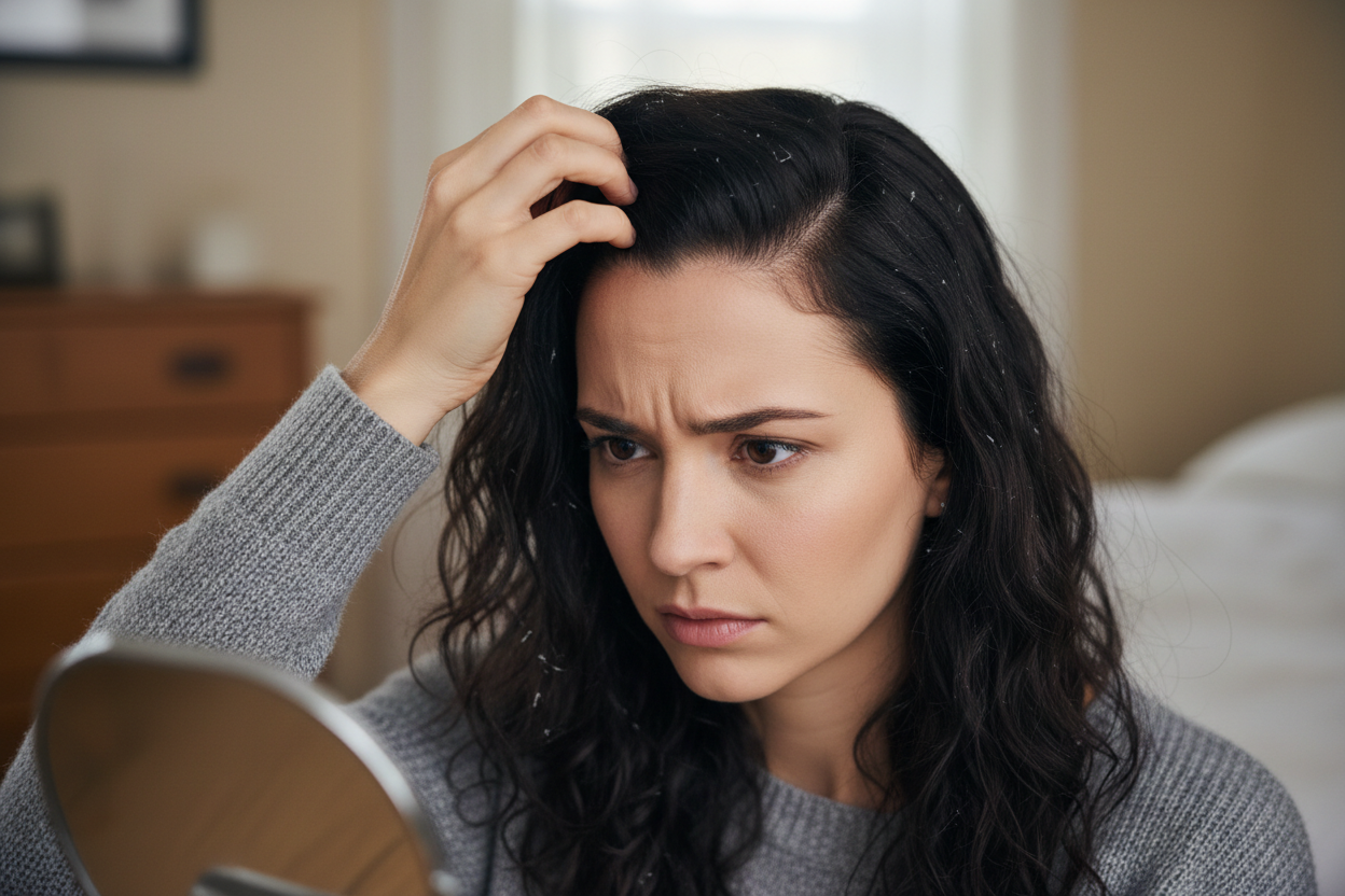 A woman with a hair and dry scalp issues
