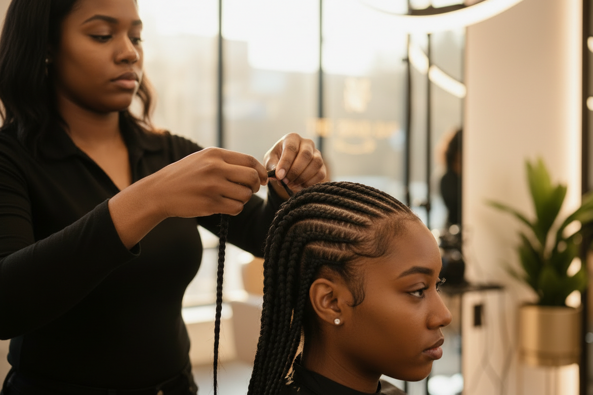 A young woman getting her hair braiding in a salon