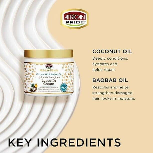 African Pride Moisture Miracle Leave In Cream with Coconut and Baobab Oil, perfect for moisturizing and strengthening hair.