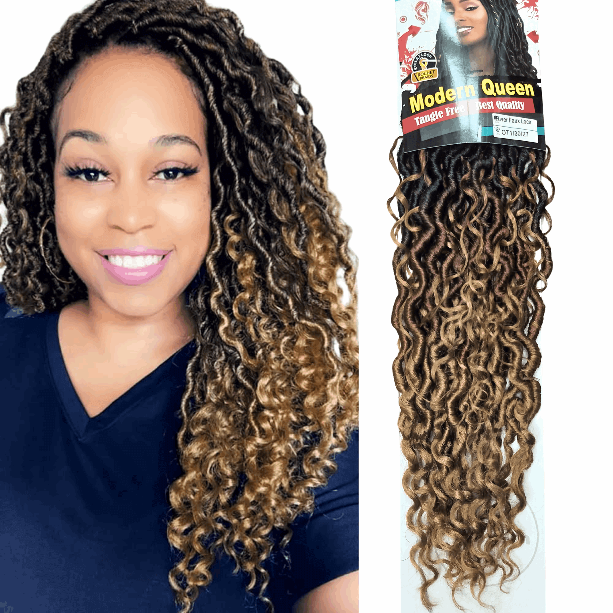 22" Modern Beauty Crochet River Faux Locs hair extension displayed alongside a model showcasing vibrant, stylish locs.