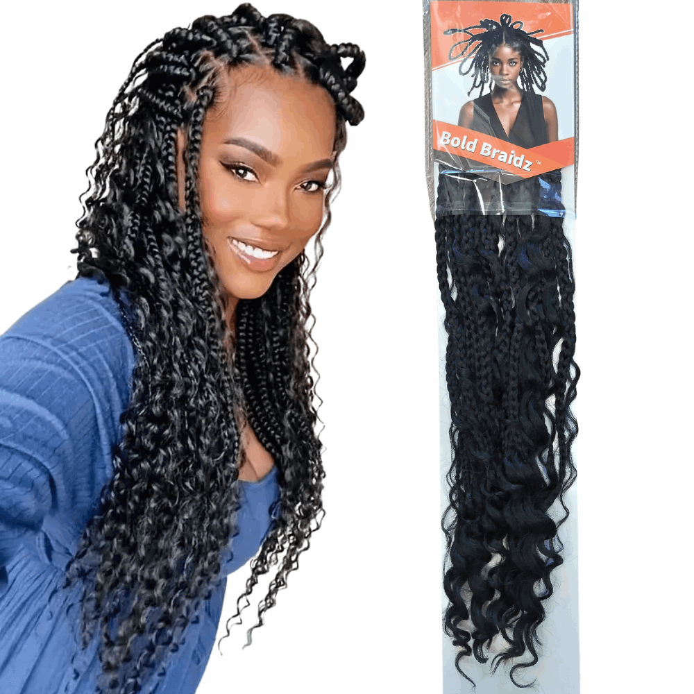 20" Goddess Bold Braidz Box Braids Crochet Hair Curly End Bohemian Braids Synthetic Braiding Hair Extensions and model.