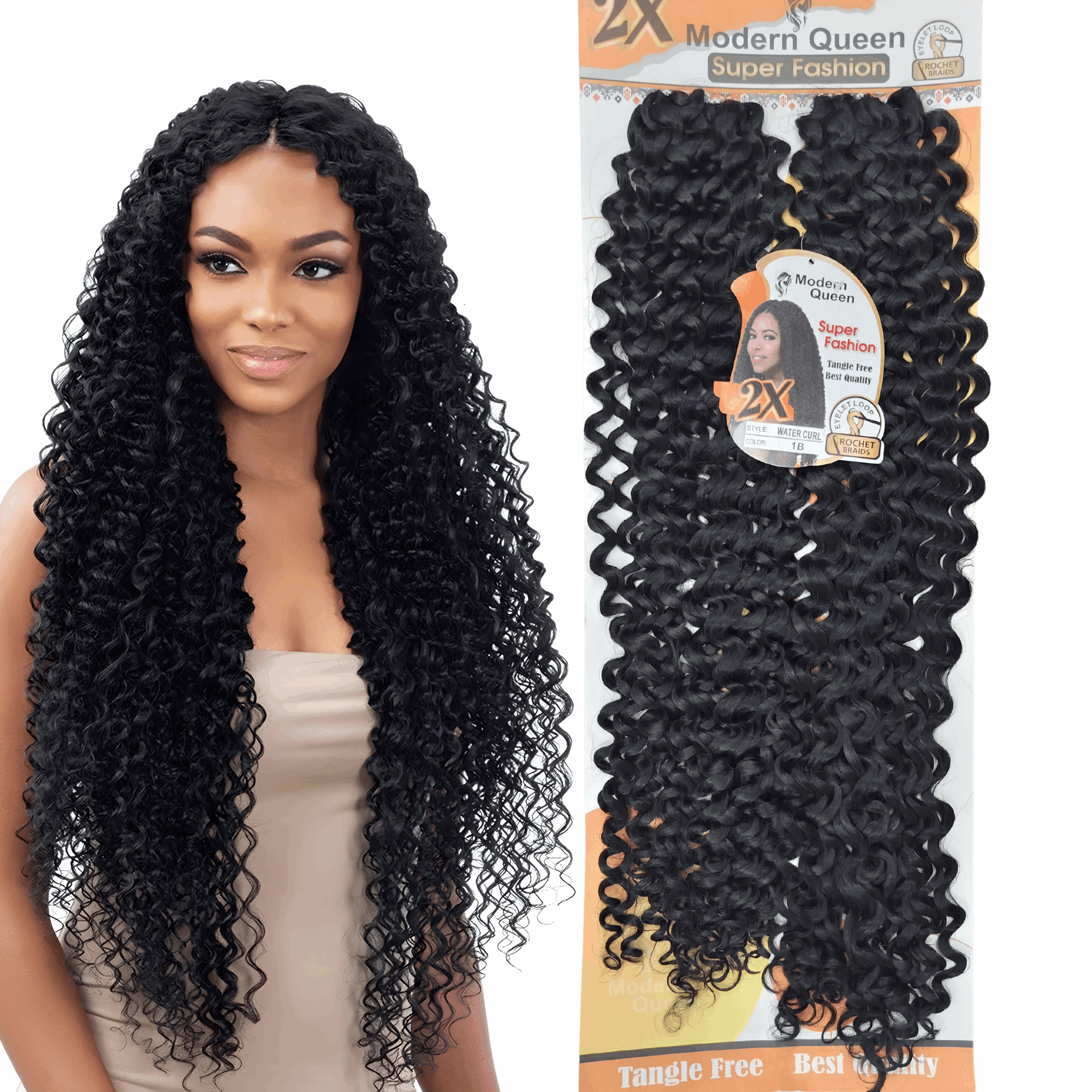24" Modern Queen Super Fashion Water Curl Crochet Braids displayed on packaging with a model showcasing the curls.
