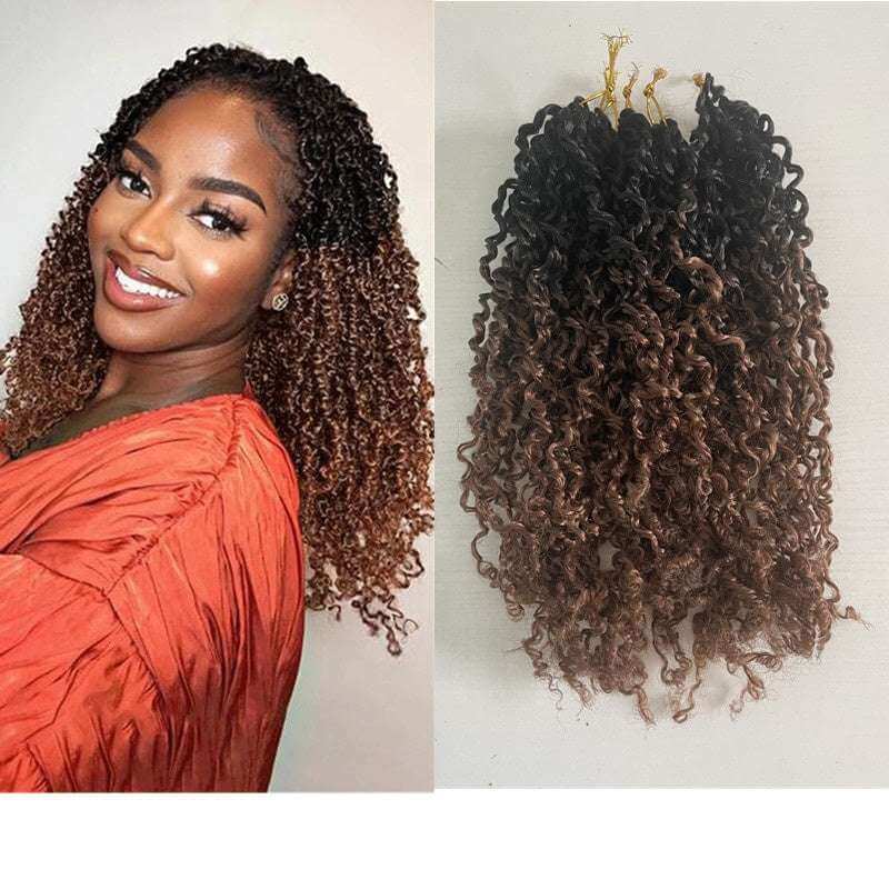10" - 8 Packs  Yanky Twist Mini Passion Twist Crochet Hair Extension - 30 Strands and model showcasing hairstyle.