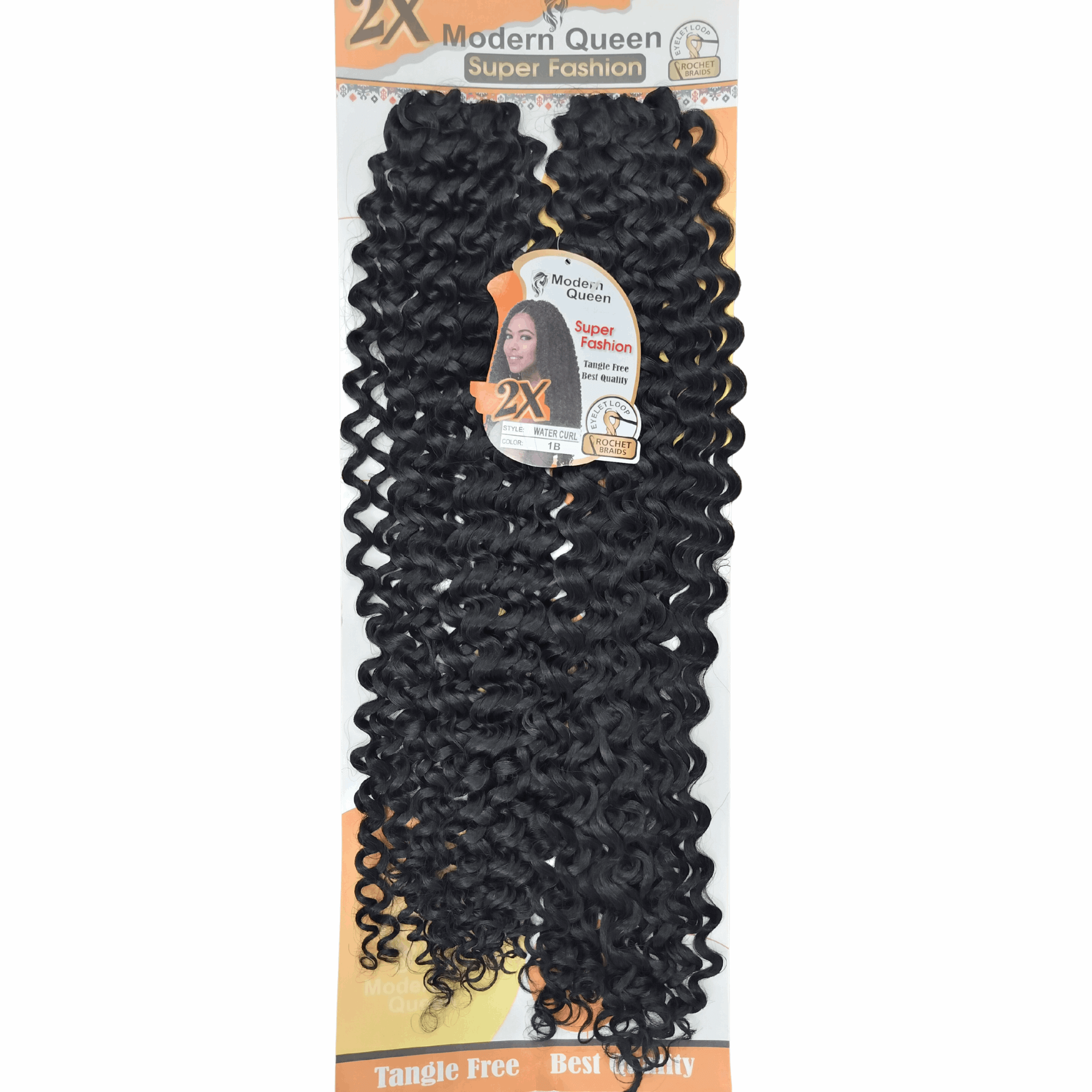 24" Modern Queen Super Fashion Water Curl Crochet Braids displayed on packaging, showcasing soft, bouncy curls and premium synthetic hair.