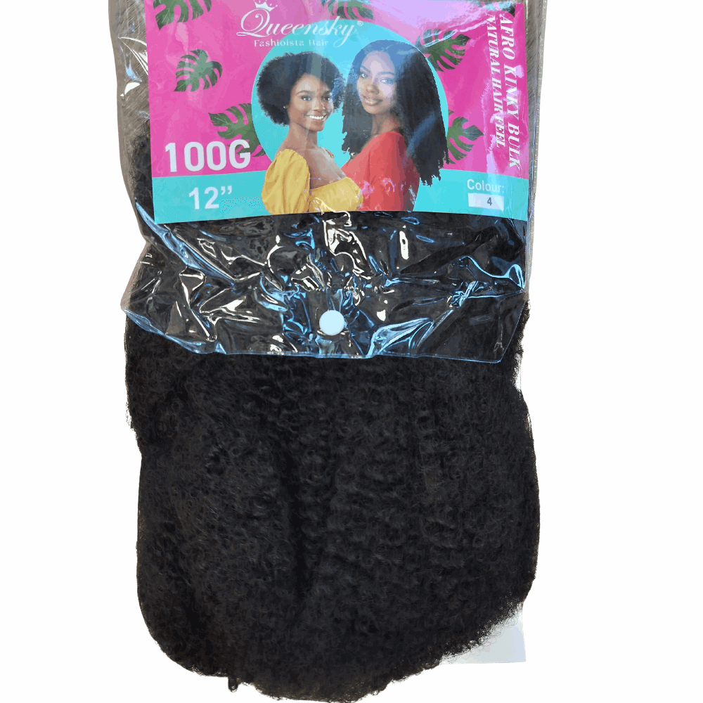 100g 12" Soft Texture Afro Kinky Bulk Hair Extension package with natural looking curls.