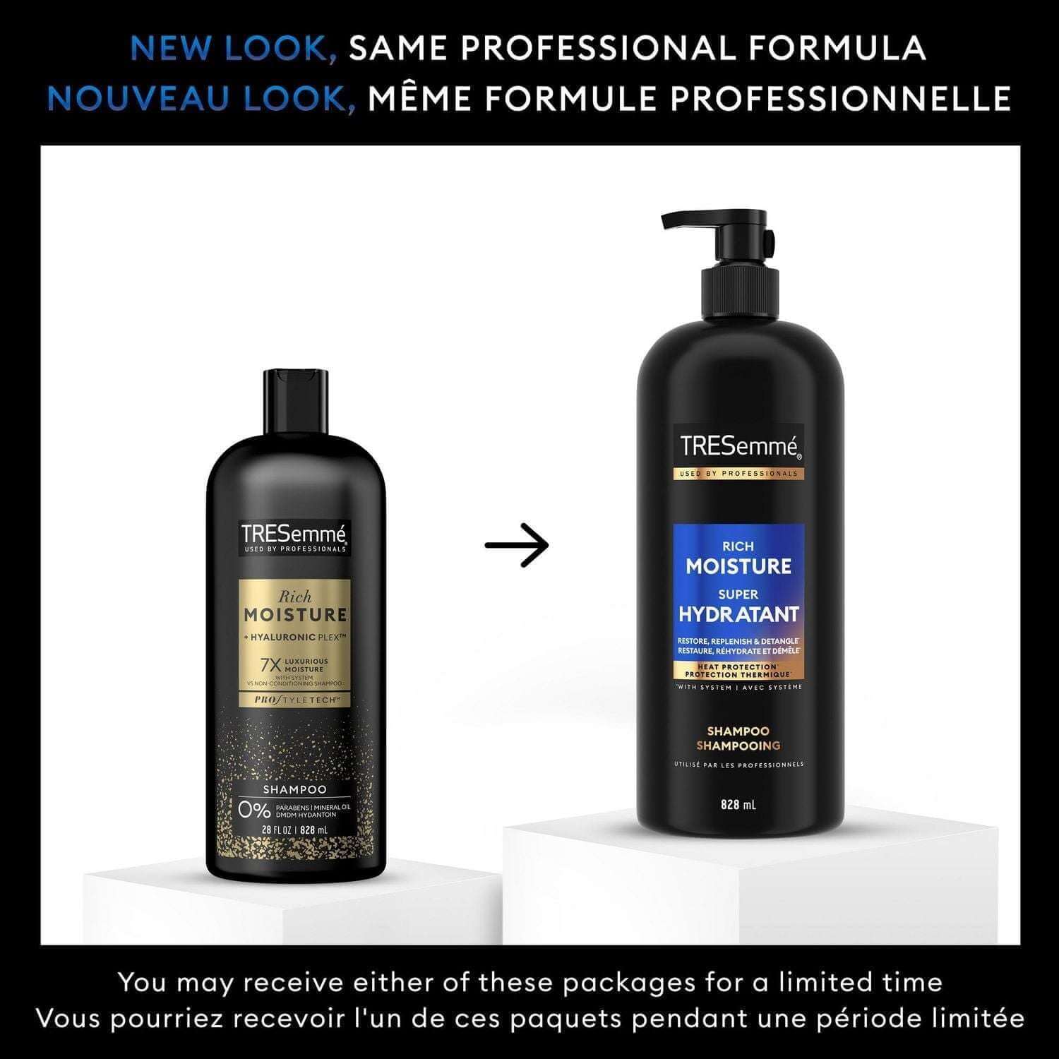 TRESemmé Rich Moisture+ Hyaluronic Plex Hydrating Shampoo packaging comparison with new look and professional formula