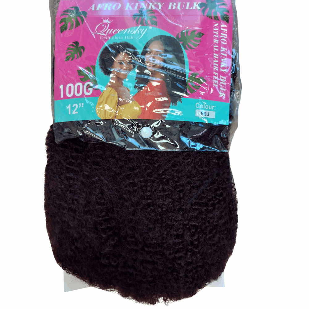 100g 12" Soft Texture Afro Kinky Bulk Hair Extension in packaging, showcasing natural curls and high-quality synthetic fiber.