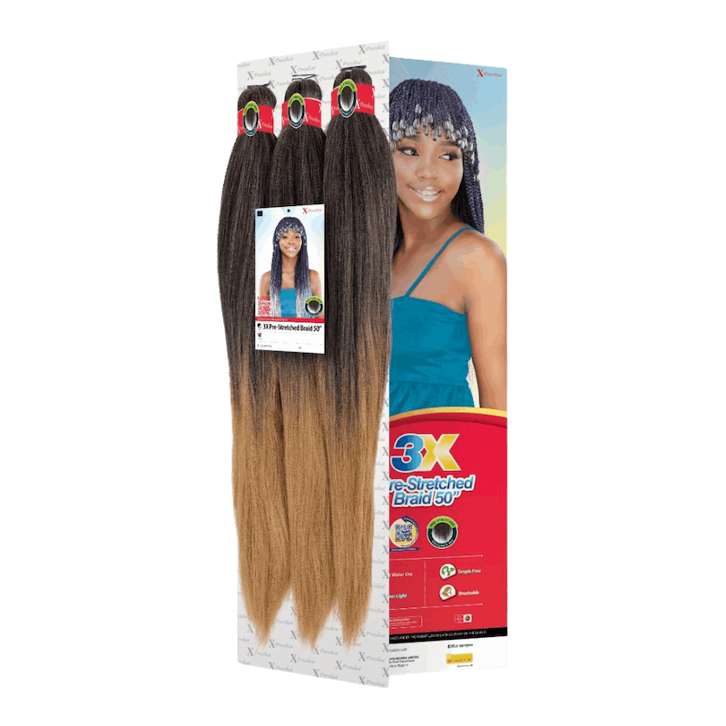 50" X-Pression Prestretched 3X Braiding Hair Extension - 240g showcasing three colors for beautiful braids.