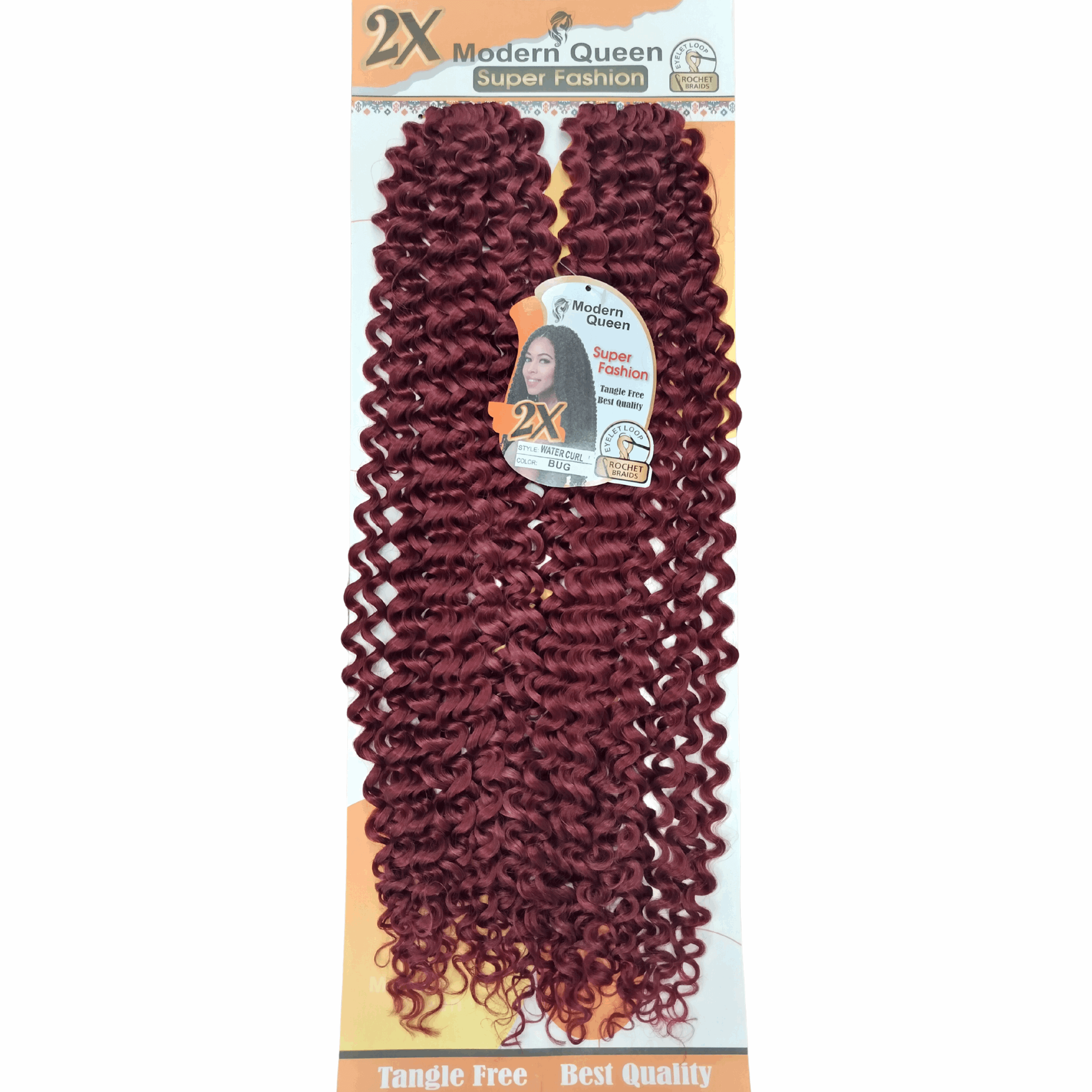 2X Modern Queen Super Fashion Water Curl Crochet Braids in deep burgundy color, tangle-free and high quality.