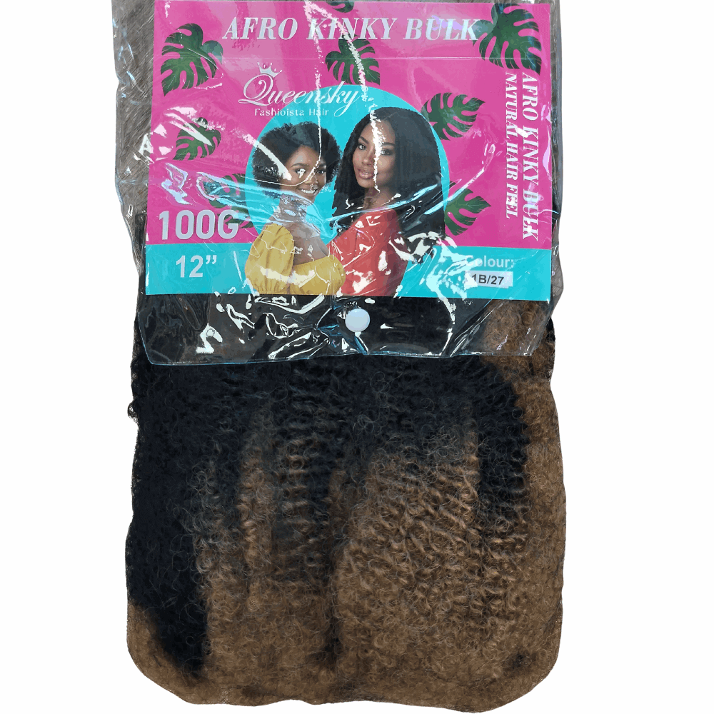 100g 12" Soft Texture Afro Kinky Bulk Hair Extension packaging showcasing vibrant colors and natural texture.