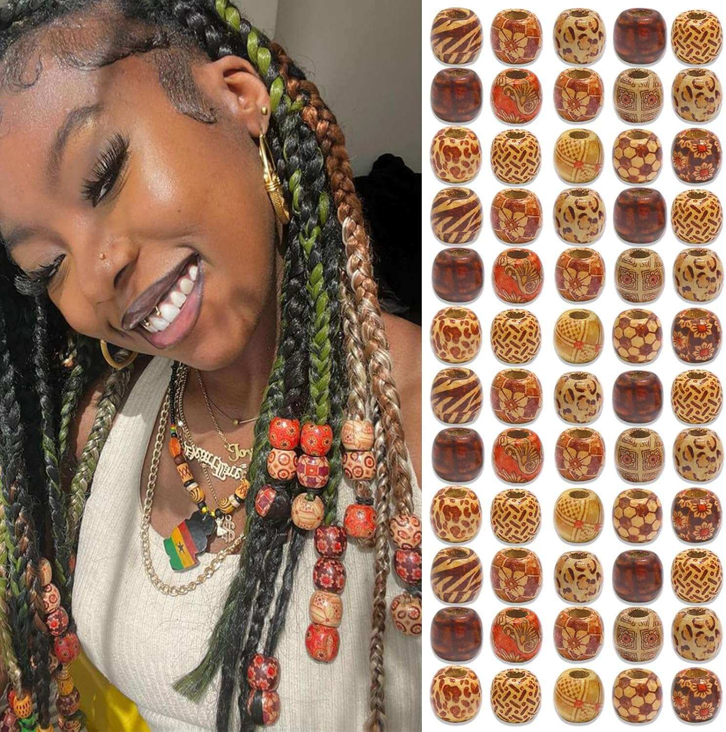 40 Pcs Printed Wooden Hair Beads African Braids Decorative Hair Beads - Celegant Beauty