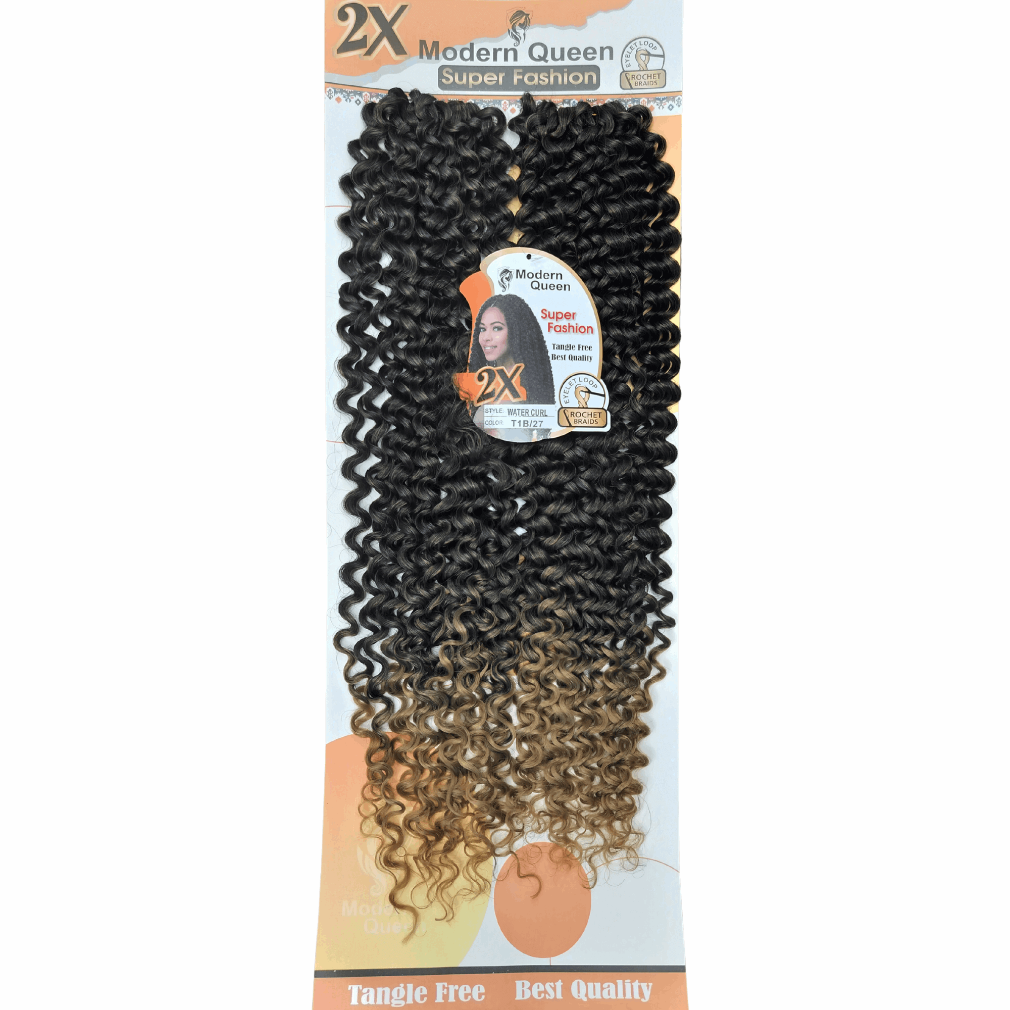 24" Modern Queen Super Fashion Water Curl Crochet Braids in a pack showcasing various curls.
