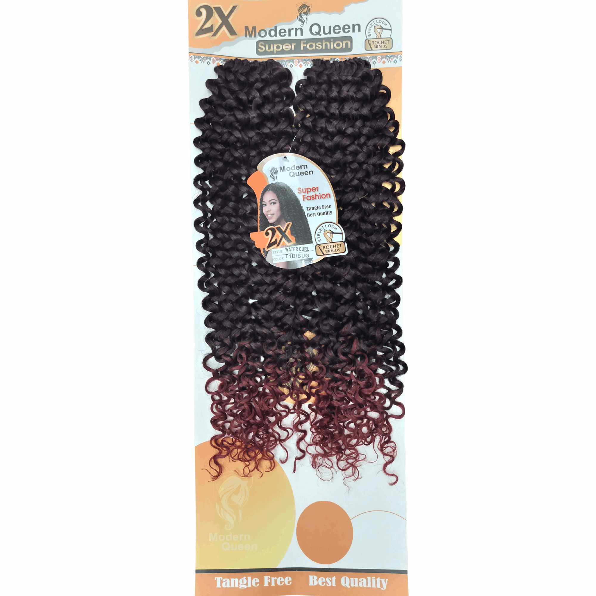 24" Modern Queen Super Fashion Water Curl Crochet Braids displayed on packaging with vibrant curls and ombre effect.