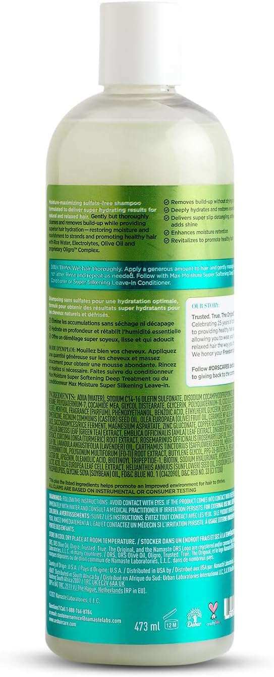 ORS Max Moisture Sulfate Free Shampoo (16oz) bottle back view showcasing ingredients and usage instructions.