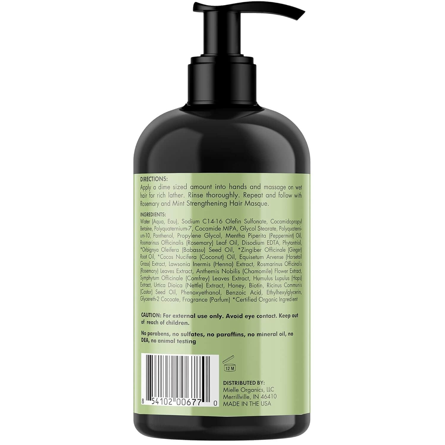 MIELLE Rosemary Mint Strengthening Shampoo (12oz) bottle back packaging with directions and ingredients