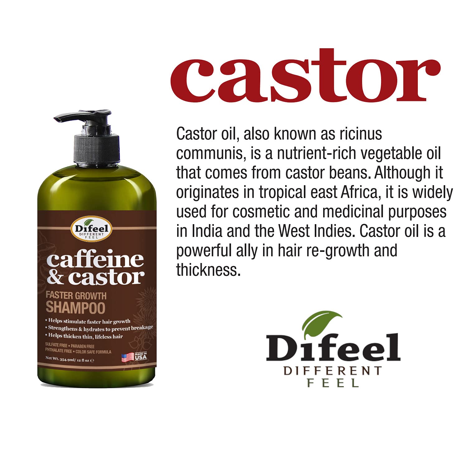 Difeel Caffeine & Castor Faster Growth Shampoo (12oz)