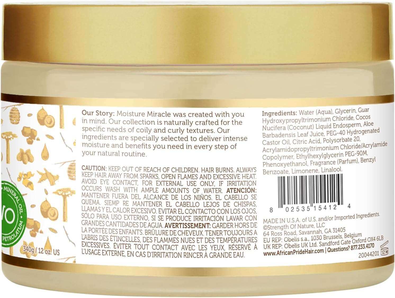AFRICAN PRIDE Moisture Miracle Aloe & Coconut Water Pre-Shampoo (12oz) back label with ingredients and cautions.