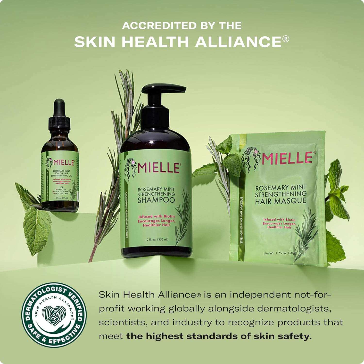 MIELLE Rosemary Mint Strengthening Shampoo (12oz) with hair masque and scalp-cleansing lather for healthy hair.