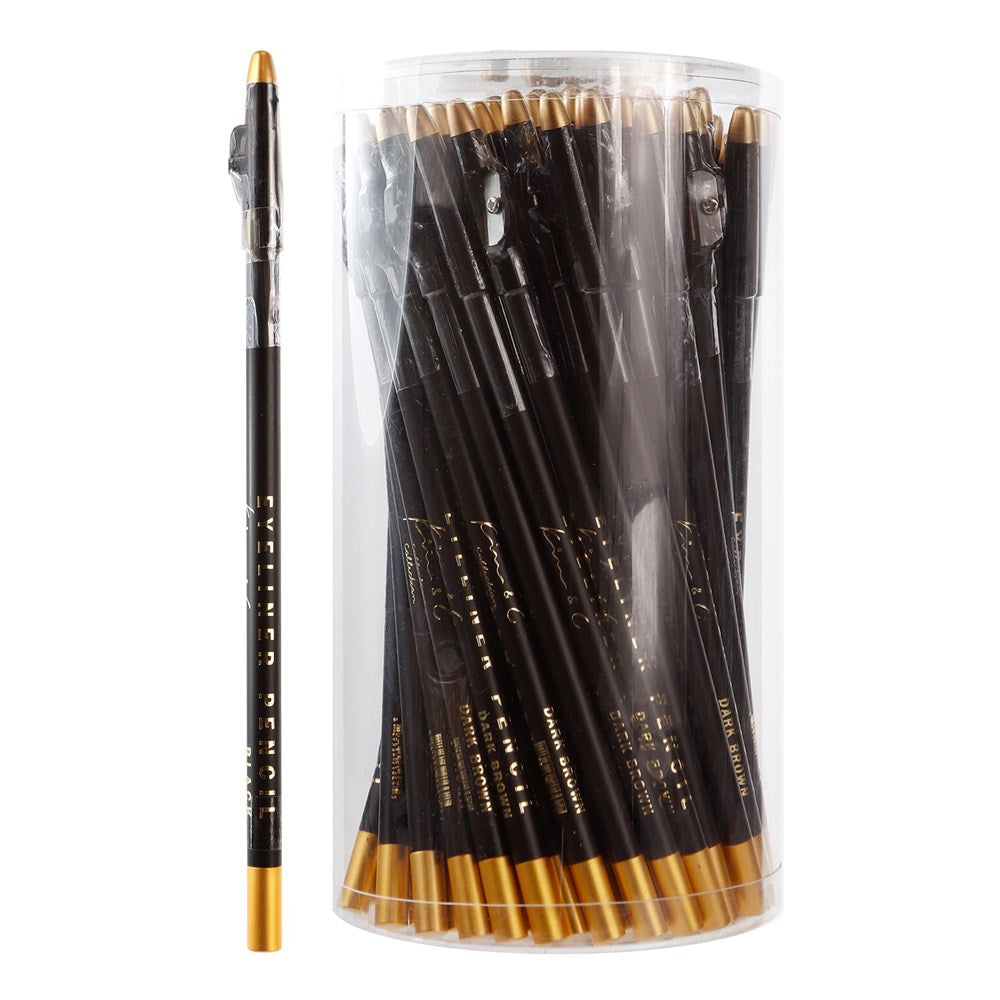 KIM & C lip and eyeliner pencil with sharpener in black and dark brown, packaged in a clear container.