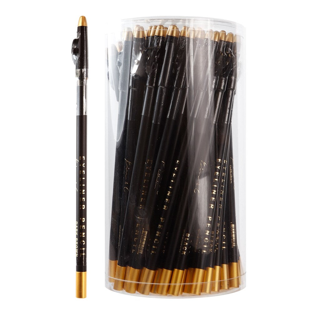 KIM & C Lip & Eyeliner Pencil with Sharpener pack showing black and dark brown pencils in a clear container.
