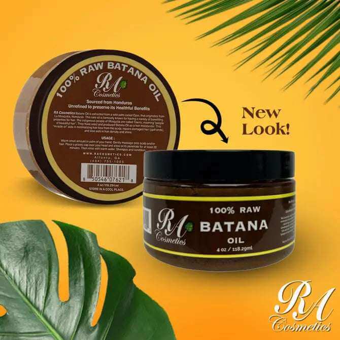 RA COSMETICS 100% Raw Batana Oil for hair (4oz) with new packaging on a tropical background.