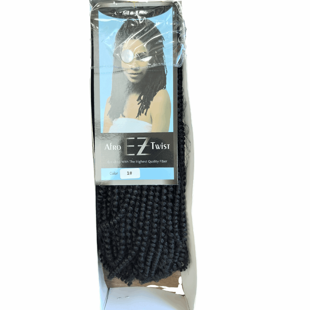 10" Afro EZ Twist springy Hair Extensions - 130g in packaging, showcasing natural texture and curls for stylish looks.
