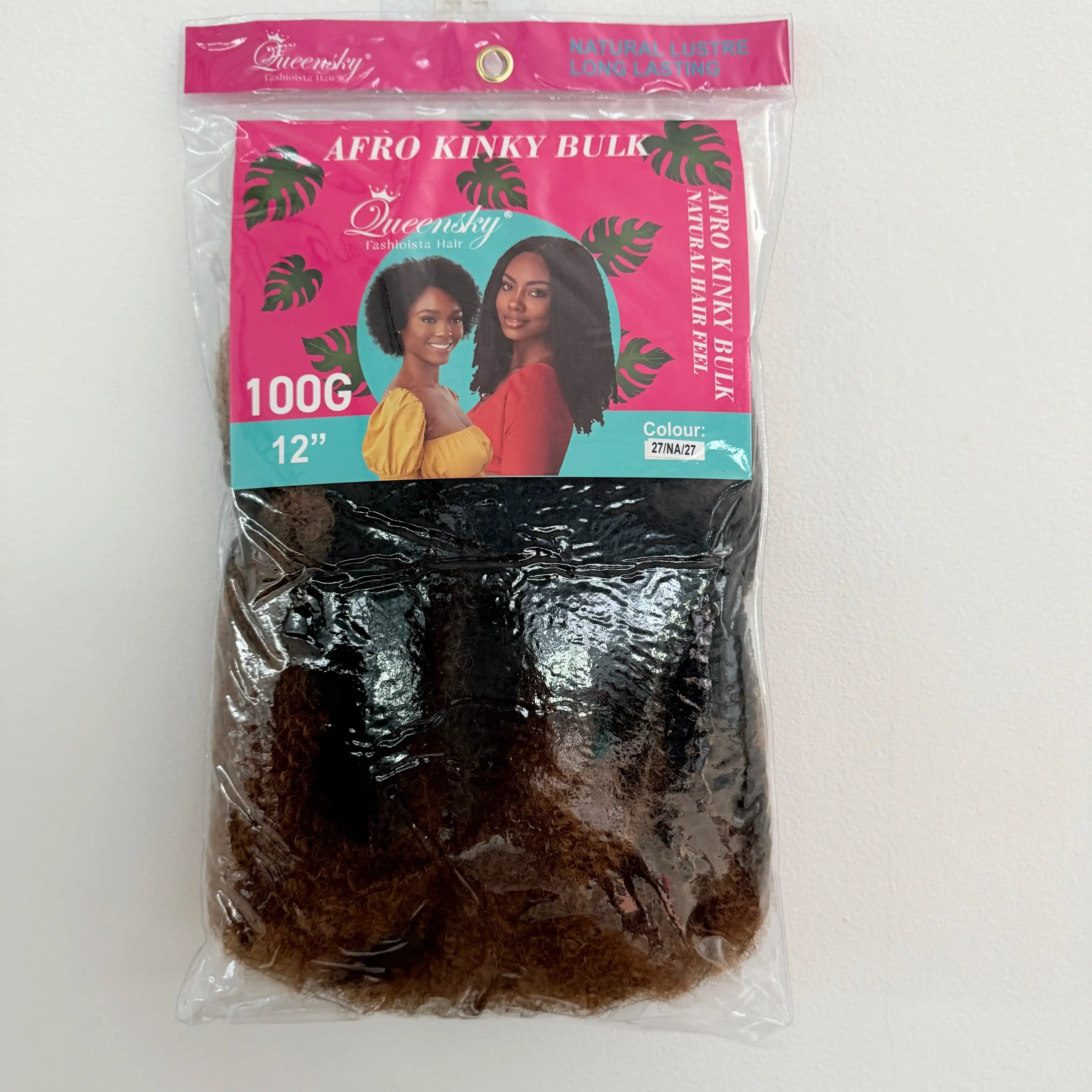 100g 12" Soft Texture Afro Kinky Bulk Hair Extension packaging featuring models showcasing the product.