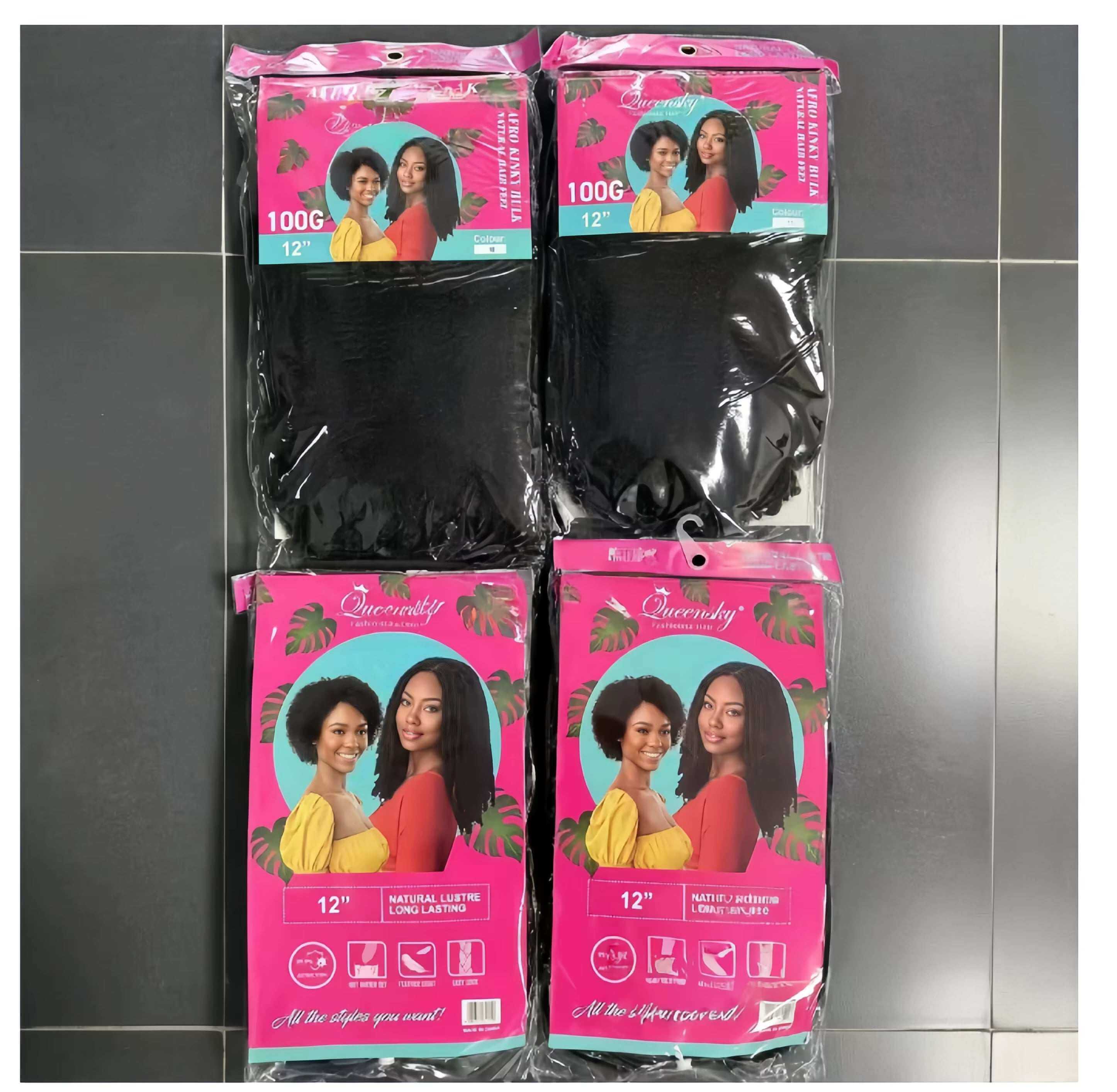 100g 12" Soft Texture Afro Kinky Bulk Hair Extension packaging featuring models with curly hairstyles.