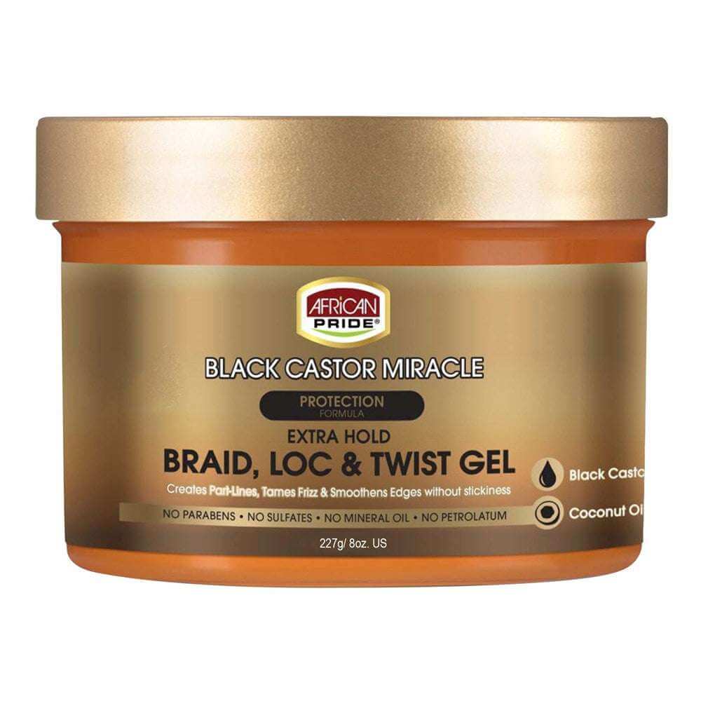 AFRICAN PRIDE Black Castor Miracle Braid Loc & Twist Gel (8oz) for extra hold and flake-free control of curls.