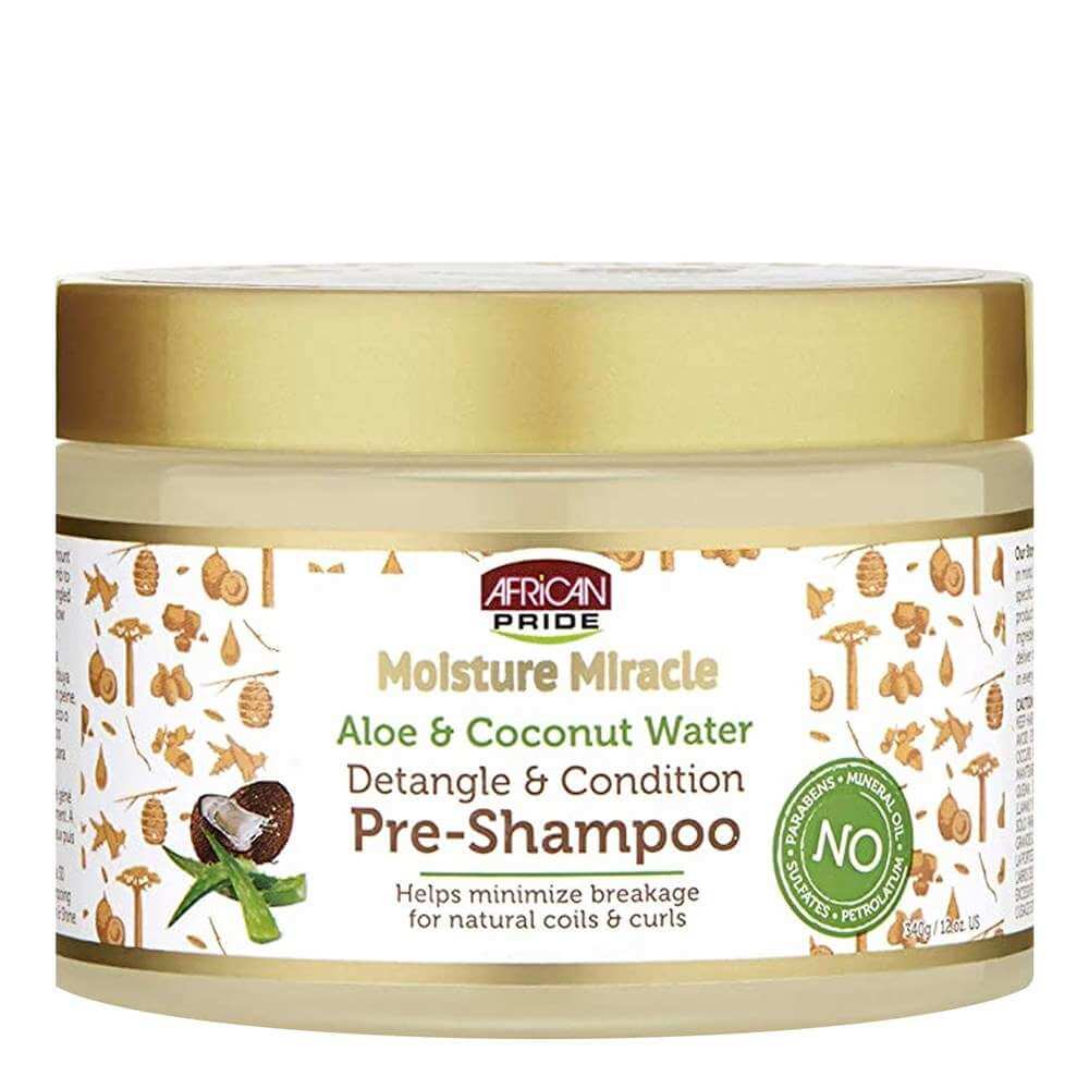 AFRICAN PRIDE Moisture Miracle Aloe & Coconut Water Pre-Shampoo (12oz) for natural coils and curls.