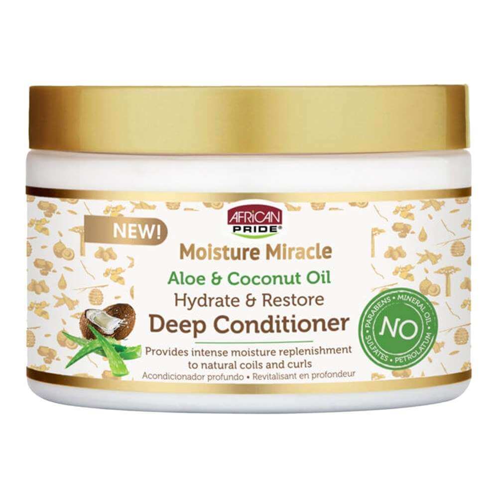 AFRICAN PRIDE Moisture Miracle Aloe & Coconut Oil Deep Conditioner (12oz) in a jar for deep hydration of curly hair.