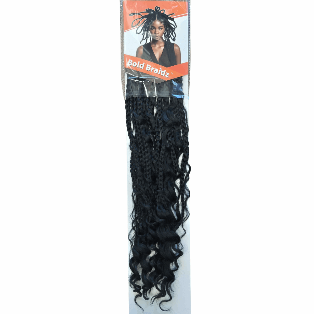 20" Goddess Bold Braidz Box Braids Crochet Hair Curly End Bohemian Braids Synthetic Braiding Hair Extensions in packaging.