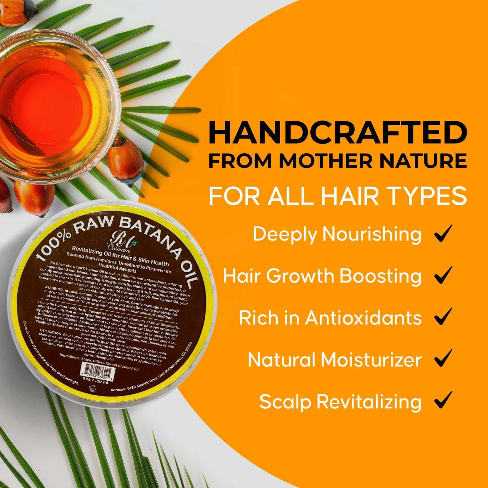 RA COSMETICS 100% Raw Batana Oil for hair (4oz) on an orange background with benefits listed.