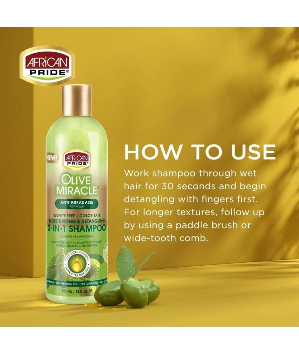 AFRICAN PRIDE Olive Miracle 2-In-1 Shampoo & Conditioner (12oz) usage instructions for textured hair.