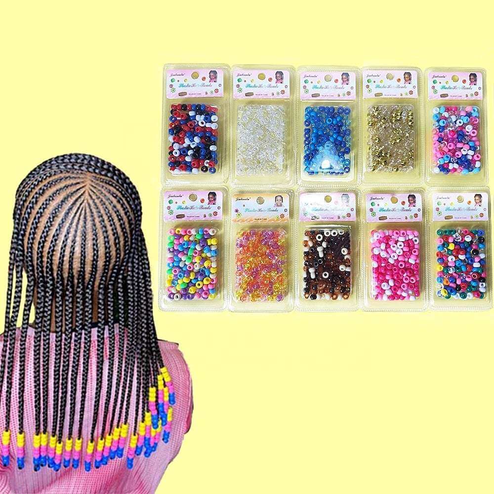 Colorful Plastic Braid Beads for Women & Kids Multi-Colored for Hair displayed with braided hairstyle.