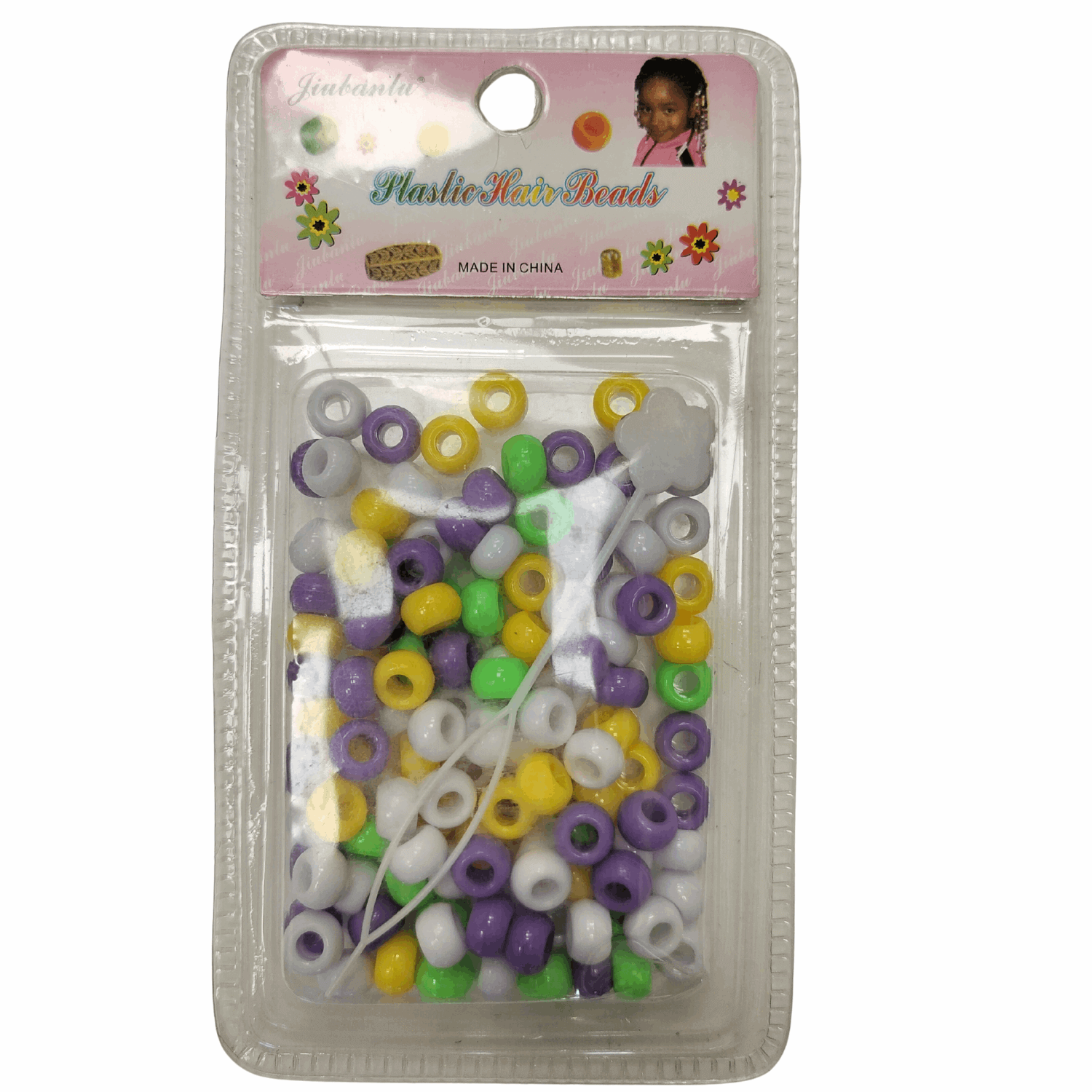 Colorful Plastic Braid Beads for Women & Kids Multi-Colored for Hair in a package, featuring assorted vibrant beads.