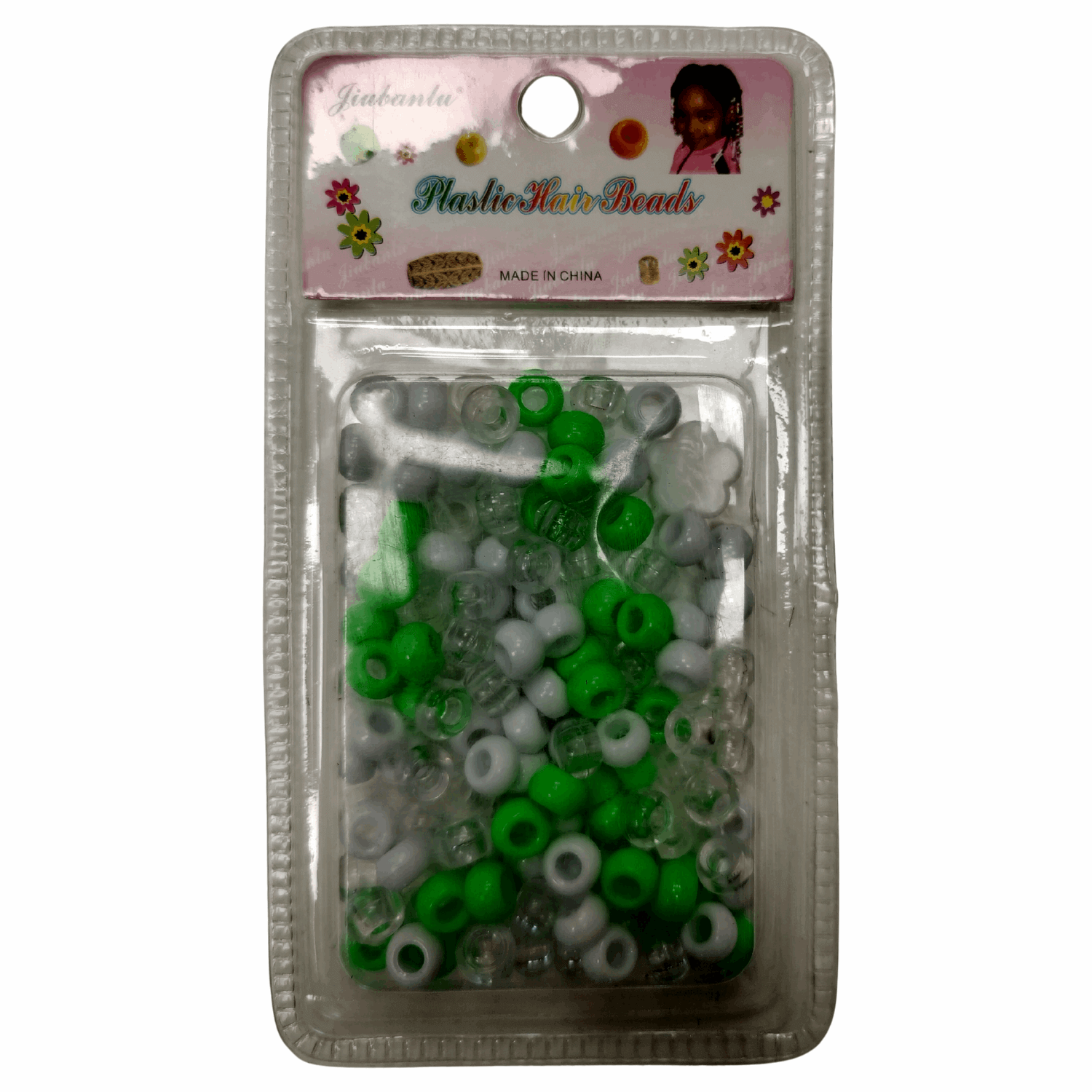 Colorful Plastic Braid Beads for Women & Kids Multi-Colored for Hair in green and white packaging.