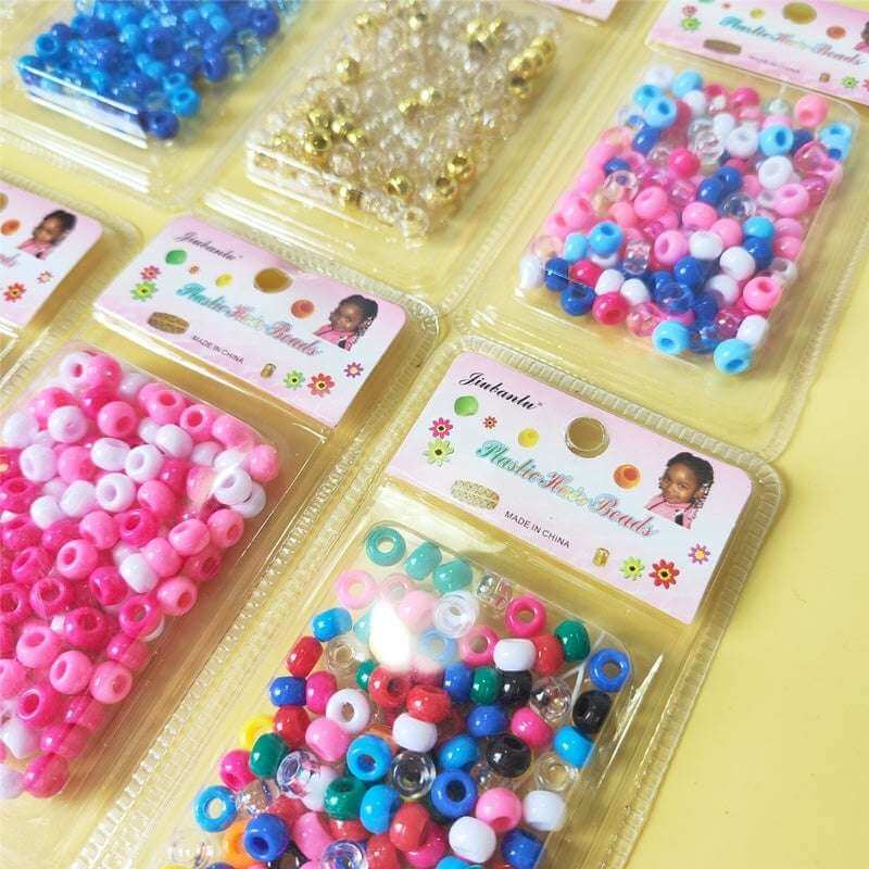 Colorful Plastic Braid Beads for Women & Kids Multi-Colored for Hair displayed in various packs on a yellow background.