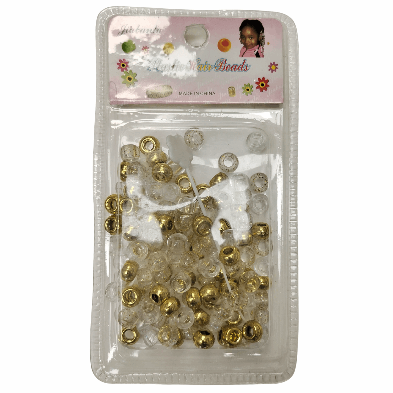 Colorful Plastic Braid Beads for Women & Kids Multi-Colored for Hair in a clear package with gold and clear options.