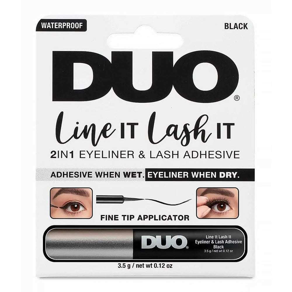 DUO Line It Lash It Black (0.12oz/3.5g) packaging featuring a fine tip applicator and waterproof formula.