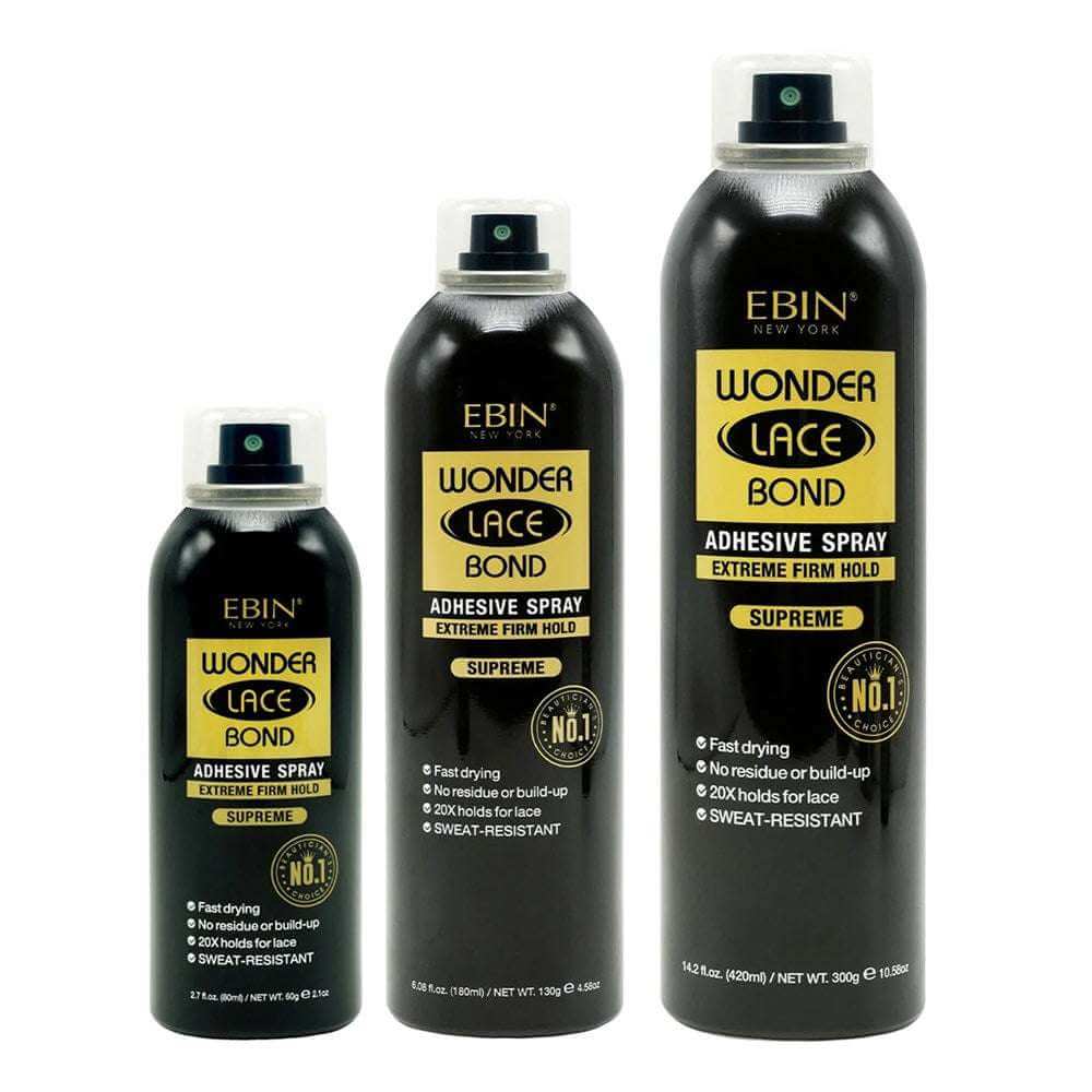EBIN Wonder Lace Bond Adhesive Spray [Supreme] bottles showcasing extreme firm hold for flawless wig application.