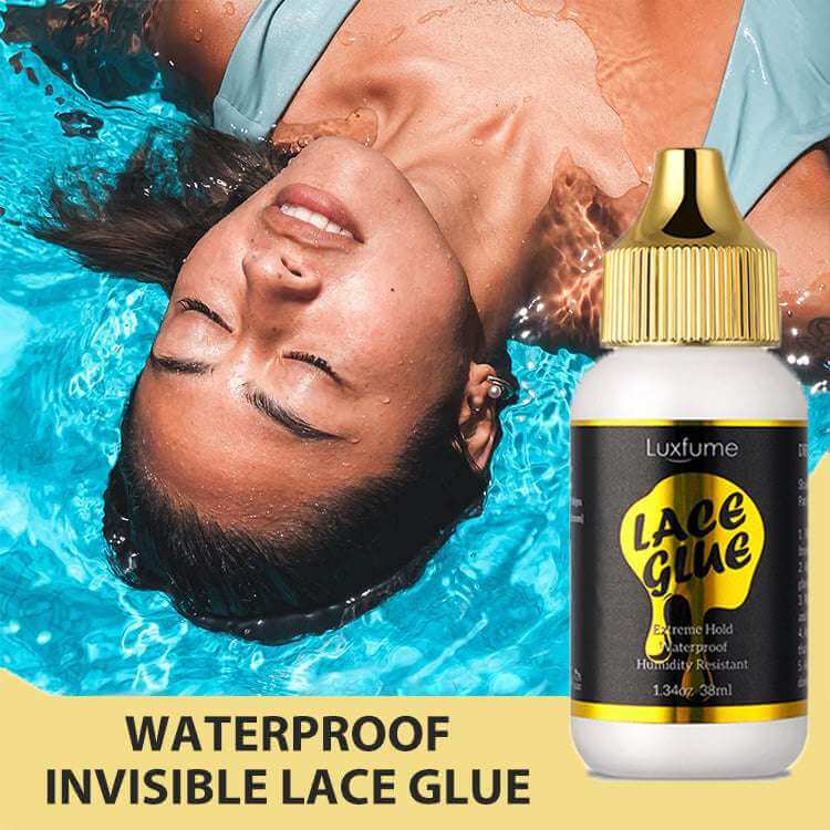 Luxfume Waterproof Strong Hold Lace Adhesive/Glue - 1.28oz bottle beside a woman in water, showcasing strong hold and waterproof features.