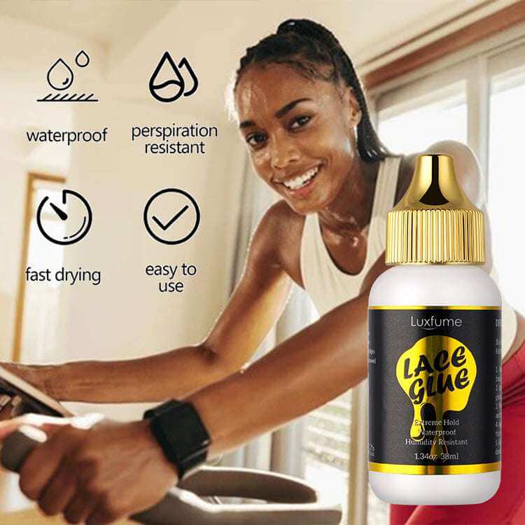 Luxfume Waterproof Strong Hold Lace Adhesive/Glue - 1.28oz displayed with benefits like waterproof, fast drying, and easy to use.