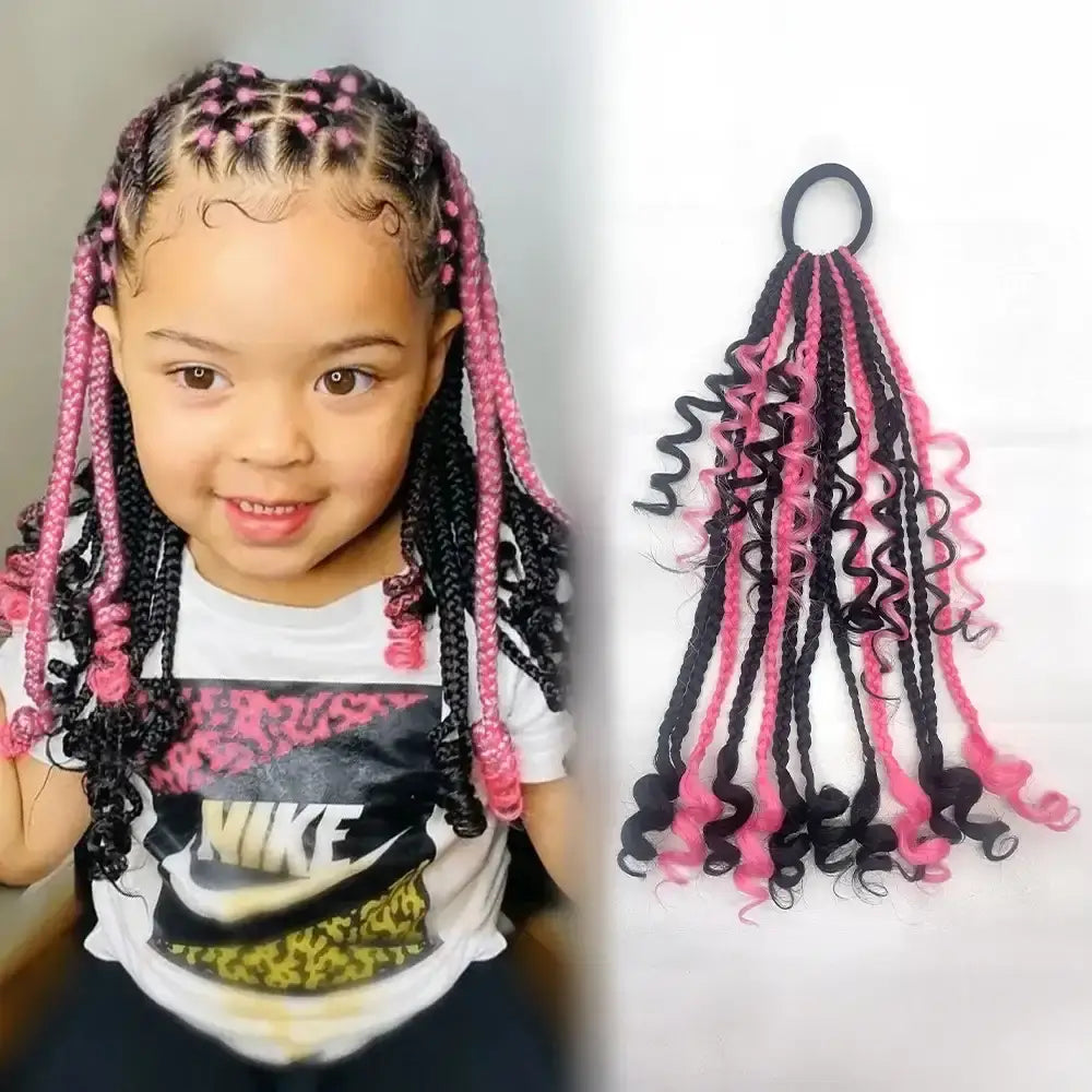 10" kids curly ponytail with fuzzy ball clips and butterfly clips hairstyle for girls with pink highlights