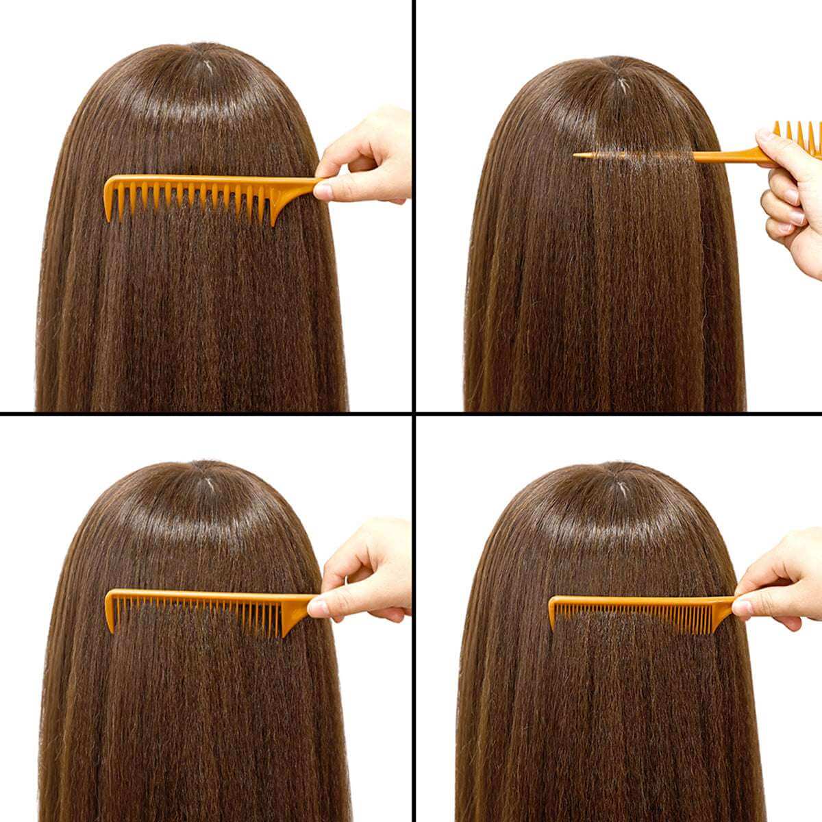 3 PCS Orange/Black Straight rat tail comb set & Barber Combs Set demonstrating precision styling on smooth hair.