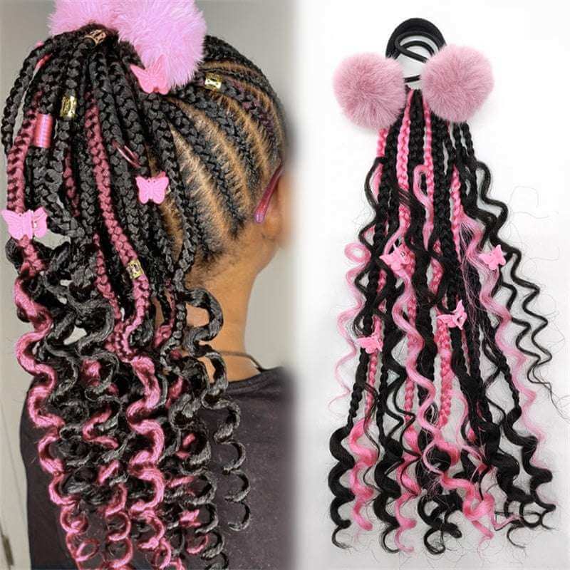 10" kids curly ponytail with fuzzy ball clips and butterfly clips featuring soft curls and playful colors.