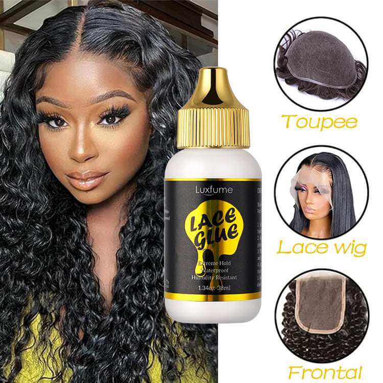 Luxfume Waterproof Strong Hold Lace Adhesive/Glue - 1.28oz with a woman showcasing a lace front wig.