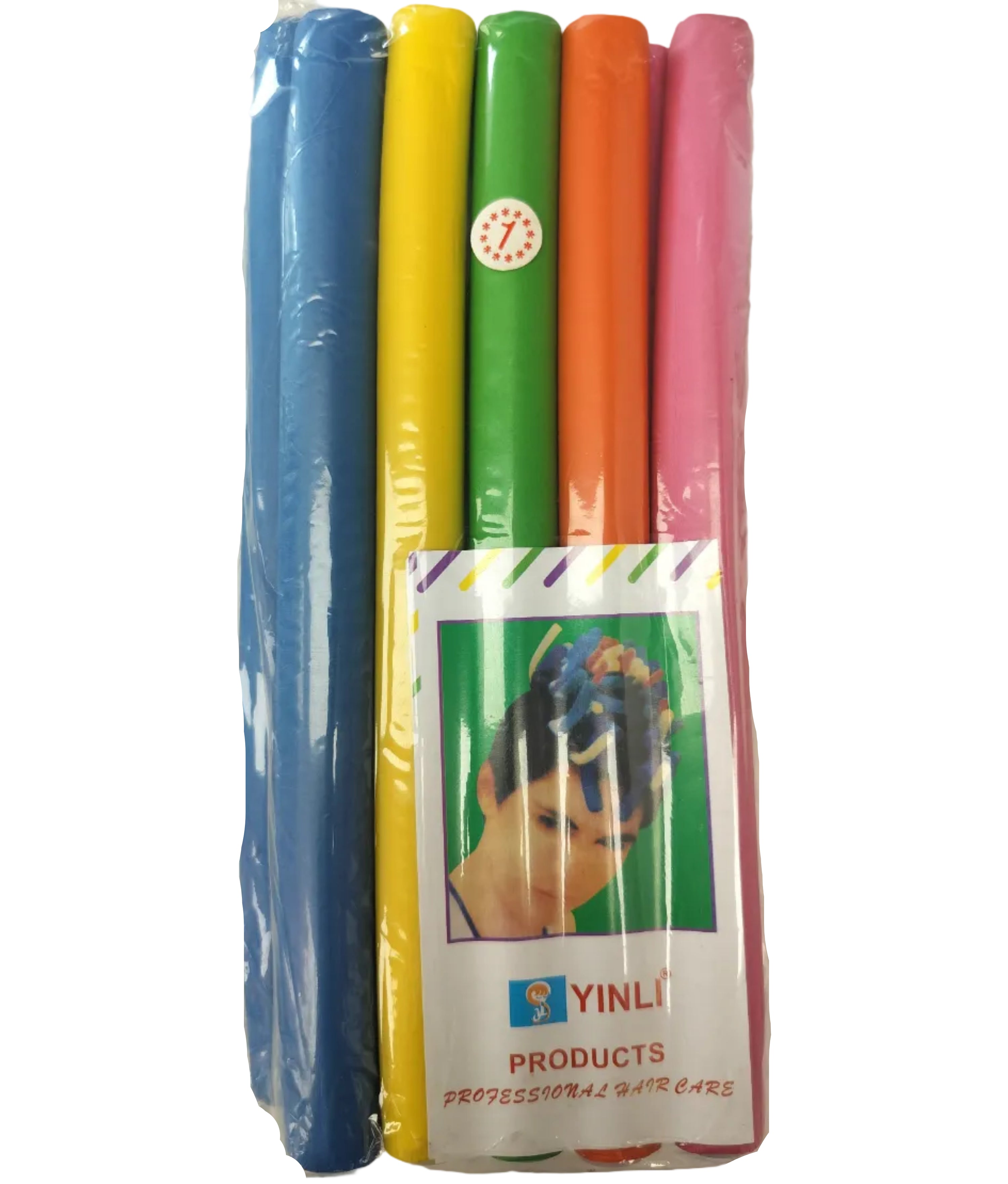 Packaged hair ties with colorful bands and a visible brand label on a white background