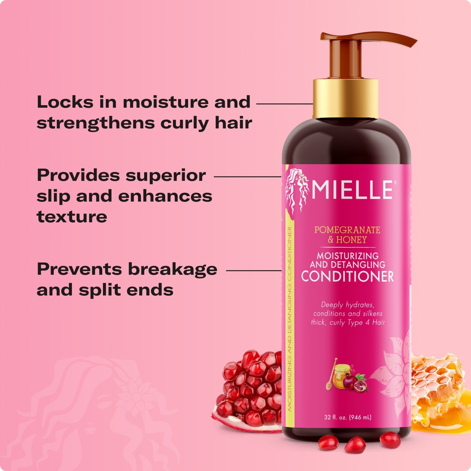 MIELLE Pomegranate & Honey Conditioner (12oz) bottle for moisturizing and detangling thick, curly, and coily hair.